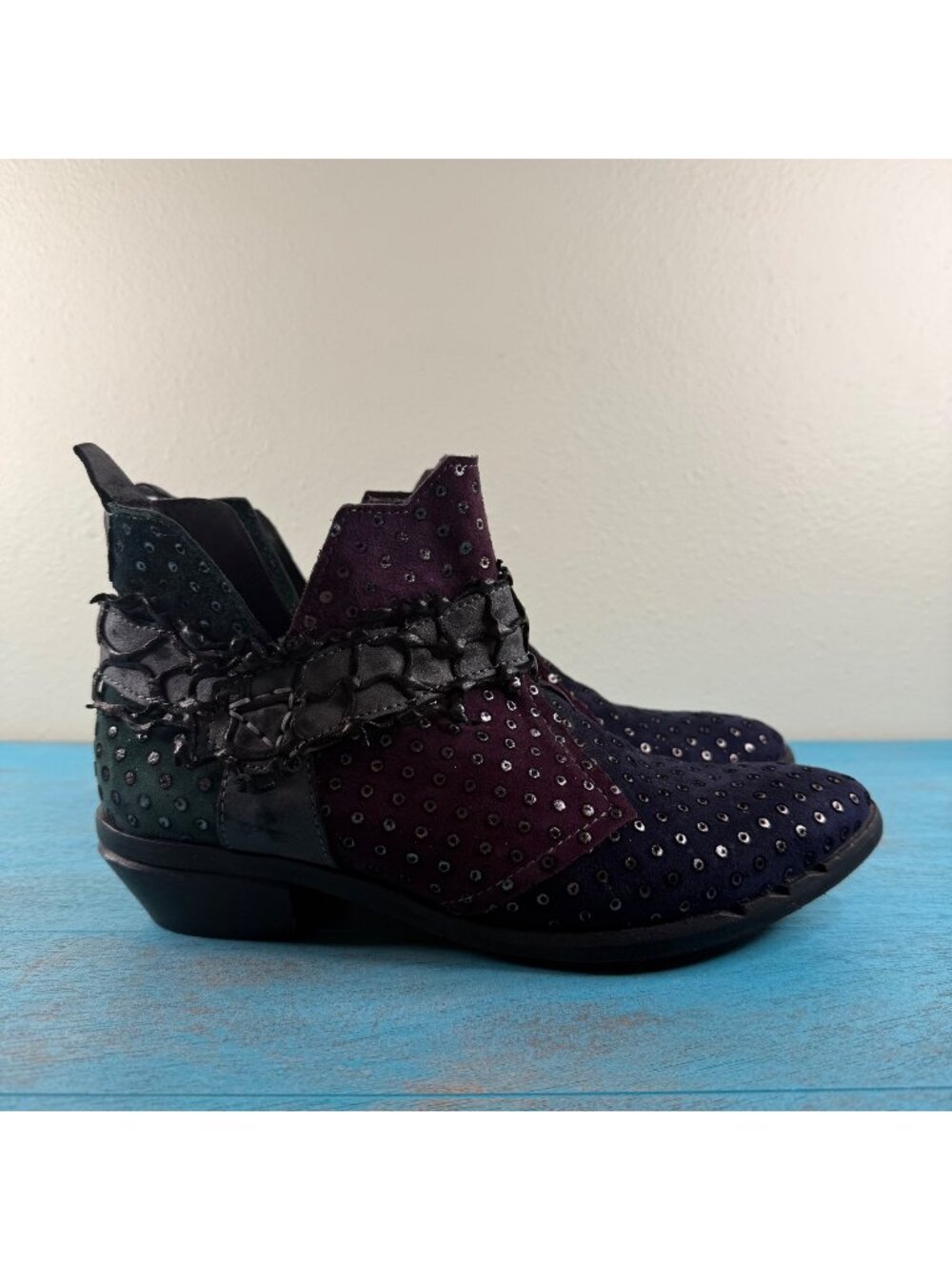 Clocharme Leather & Suede Studded Ankle Boots With Side Zippers Size 37